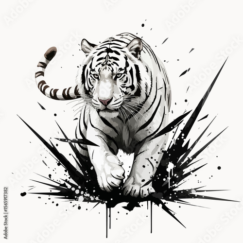 white tiger exudes control and intensity, surrounded by cold ink shards in a modern minimalist style. Graceful and lethal.