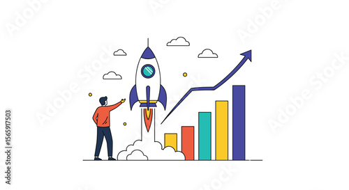 Illustrating the concept of business growth success and financial performance with a rocket launch and upward trending graph