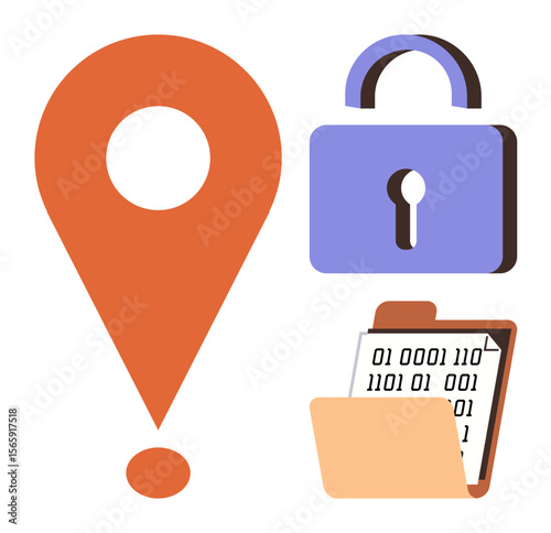 Orange location marker, purple padlock, and folder with binary code highlight themes of cybersecurity, data integrity, privacy. Ideal for data protection concepts, cybersecurity tips, simple landing