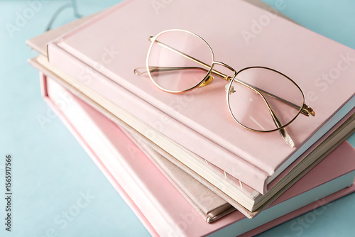 Goldrimmed glasses rest on a stack of pink books
