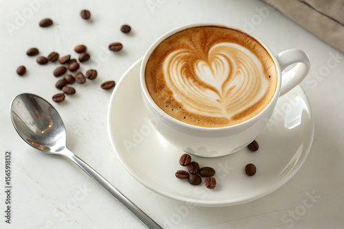 A cup of latte art coffee sits on a white table with coffee beans