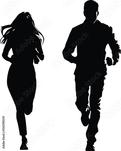 Vector silhouette: Running couple, dynamic, urgent, stylish, modern design.
