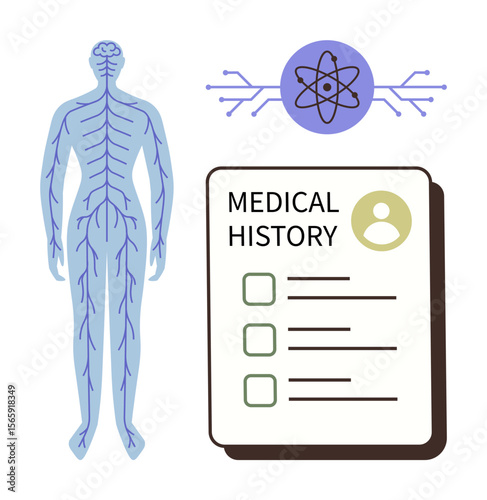 Human nervous system anatomy, medical history document, and atom-inspired science concept. Ideal for healthcare, neurology, education, medical records, diagnostics anatomy technology. Simple flat