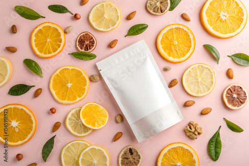 A white pouch sits among vibrant orange and lemon slices on a pink background