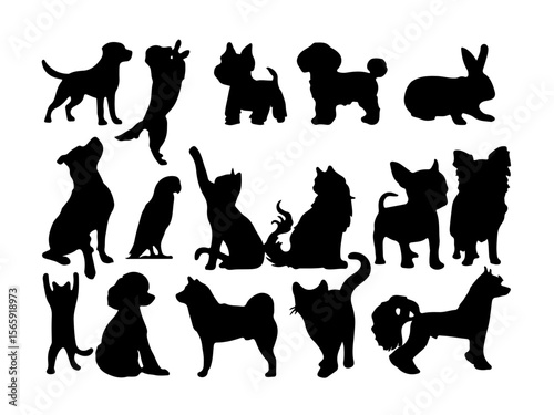 Silhouettes of Domestic Pets Including Cats, Dogs, Rabbits, and Birds