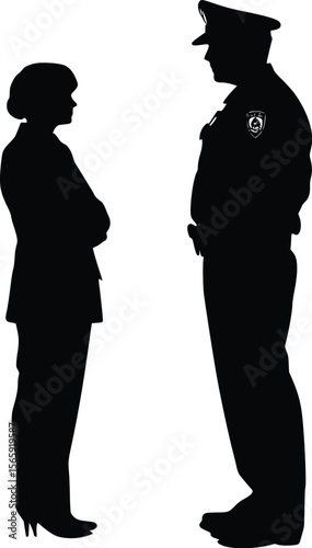 Serious vector silhouette: businesswoman and police officer conversing