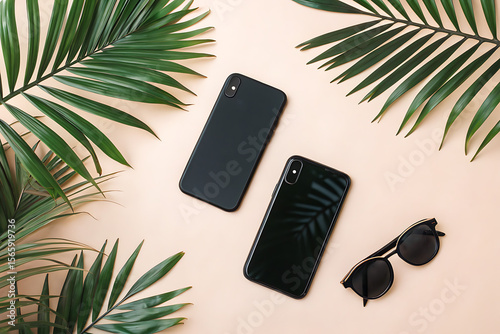 Two black smartphones and sunglasses rest on a beige background surrounded by palm leaves