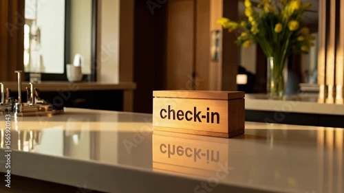 Wooden Check-In Sign at a Modern Hotel Reception Desk