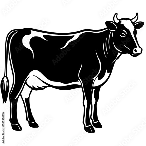 Stylized black and white illustration of a holstein cow standing profile