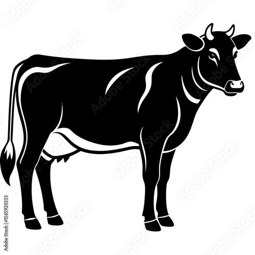 Black silhouette of a dairy cow with white accents on a white background