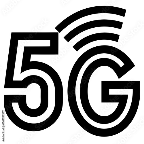 Bold black 5g symbol with radiating signal waves on a white background