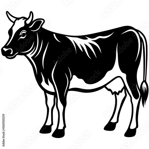 Stylized black and white illustration of a dairy cow standing profile