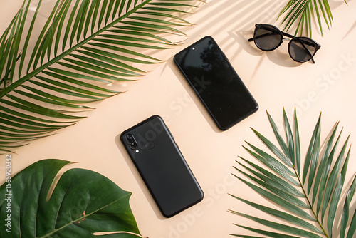 Two black smartphones rest on a beige surface surrounded by palm leaves and sunglasses