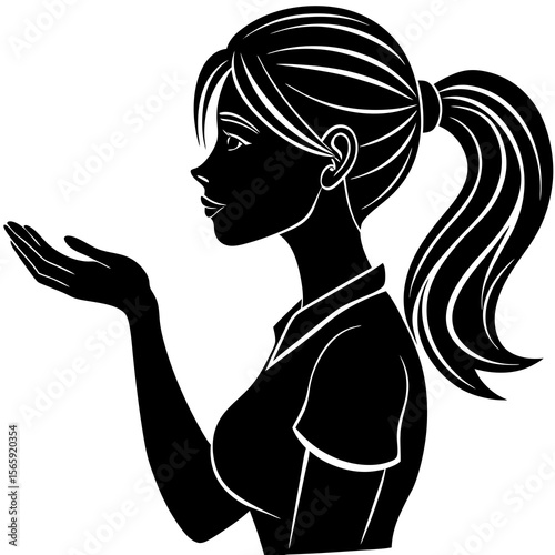 Silhouette of a woman with a ponytail offering her open palm