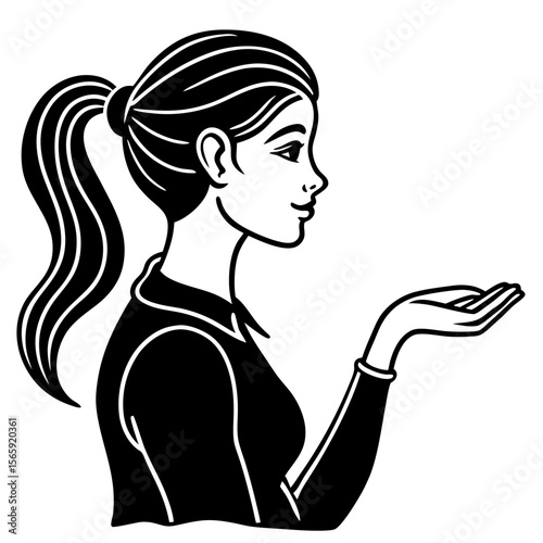 Stylized black and white illustration of a woman with a ponytail presenting something