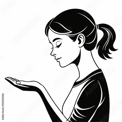Stylized black and white illustration of a young woman with her eyes closed holding out her hand