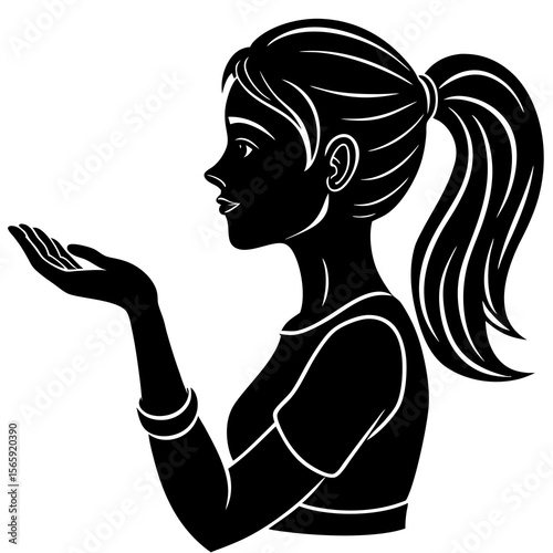 Silhouette of a young woman with a ponytail holding out her hand