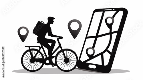 Silhouette of delivery person on bicycle with backpack next to smartphone displaying map with location pins