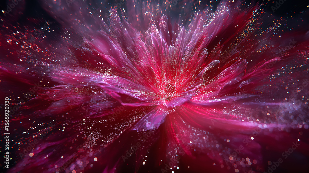 Fototapeta premium Vivid burst of red and purple particles on black background, creating a dynamic, energetic visual ideal for digital art, backgrounds, and creative design projects.