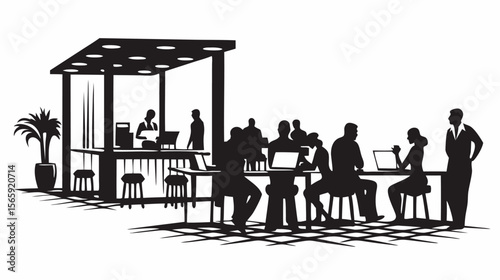 Silhouette of group of people working on laptops at tables under a modern structure with a potted plant
