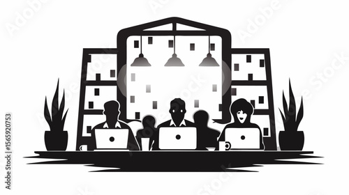 Illustration of a group of people working on laptops in an office with plants and hanging lights above them silhouette