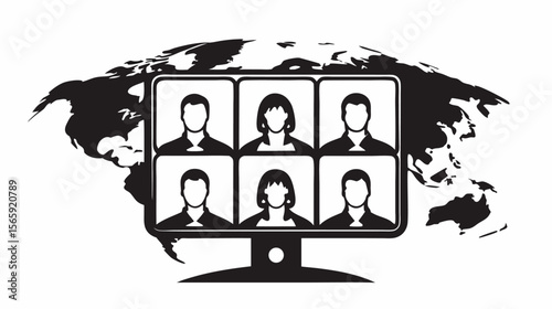 Video conference call on a monitor with world map background showing global communication and collaboration silhouette