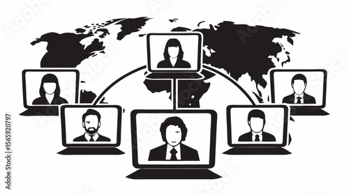 Global network connecting people via video conference with world map in the background shown in black silhouette