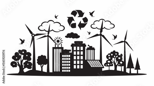 Silhouette of a sustainable city with wind turbines, trees, buildings, and a recycle symbol above it all
