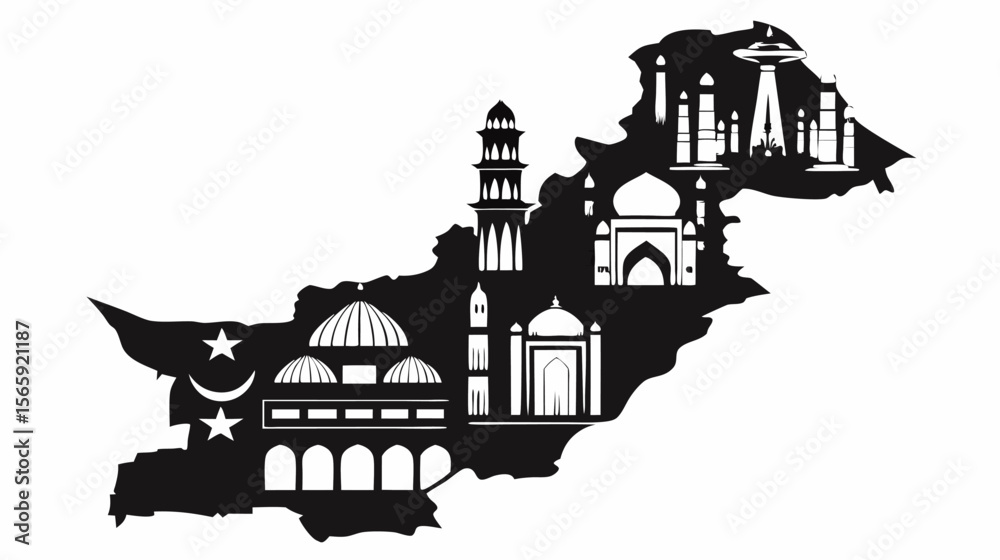 Obraz premium Black silhouette of pakistan map filled with landmarks, minarets, domes, and islamic crescent and star symbols