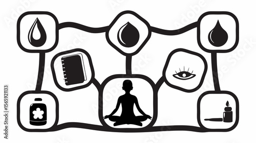 Illustration depicting meditation with connected icons of water drops, notebook, eye, and candle icons silhouette