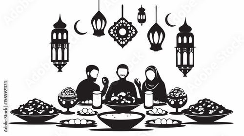Black and white illustration of a muslim family having iftar with lanterns and crescent moons above them silhouette