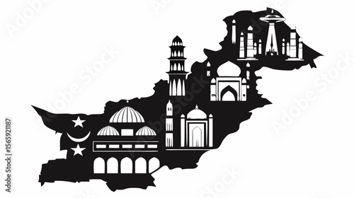 Black silhouette of pakistan map filled with landmarks, minarets, domes, and islamic crescent and star symbols
