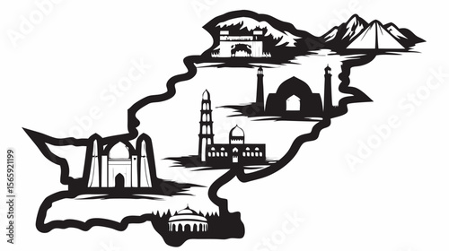 Black and white map silhouette featuring various architectural landmarks and mountain ranges across the region