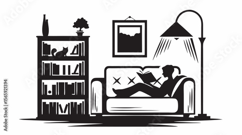 Silhouette of a person reading on a couch with a bookshelf and lamp in a cozy monochrome interior scene