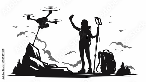 Silhouette of a woman taking a selfie with a drone on a mountain top with backpack and selfie stick near
