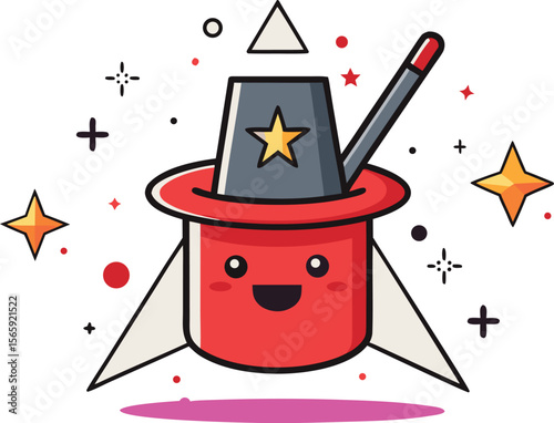 Cute Cartoon Magic Hat with Wand and Stars on White Background