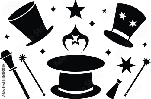Magic Show Elements in Black and White Silhouette Style Illustration