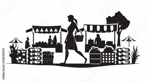 Silhouette illustration of a woman with basket walking through a bustling outdoor farmers market scene design