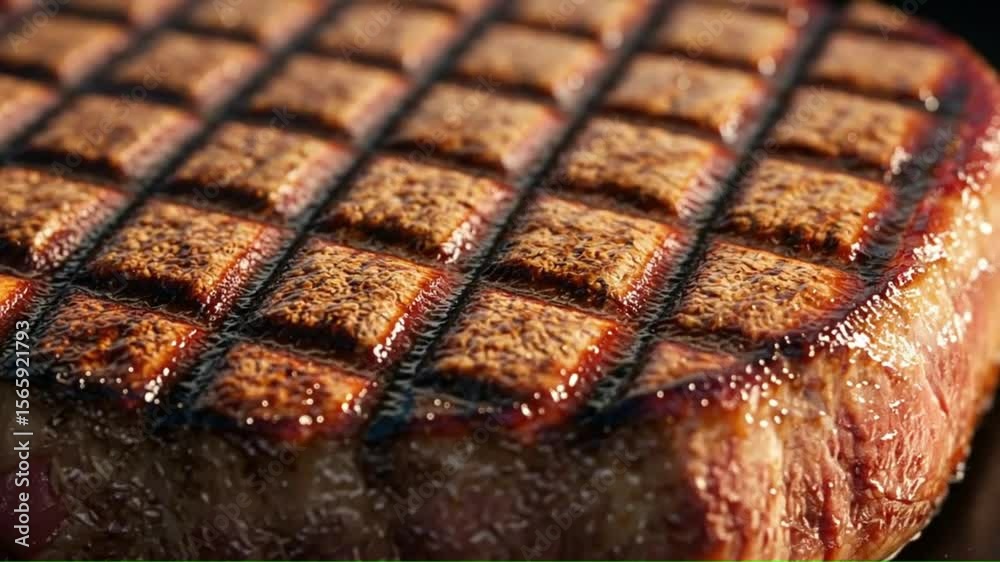 Closeup of a perfectly grilled steak with crisscross grill marks