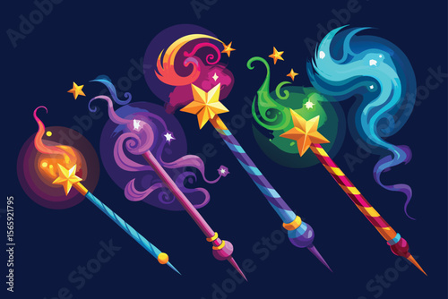 Collection of Colorful Cartoon Magic Wands with Star Toppers and Magic Effects
