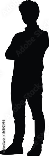 Confident young man vector silhouette: casual pose, dark style.