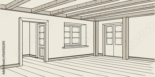 An unfurnished space featuring a raw textured wall and light wooden parquet floors vector illustration.