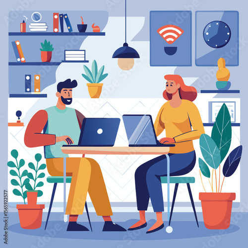 Two colleagues working collaboratively on laptops in a cozy home office setting