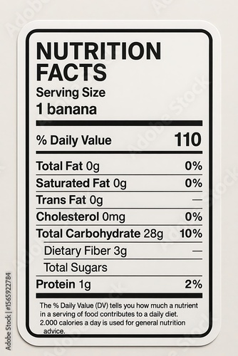 Conceptual art of a banana nutrition facts label sticker. Informative graphic on healthy eating, calories, and diet planning.