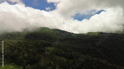 Wallpaper Mural Camera glides over dense foothill rainforest as billowing clouds drift across sun-dappled slopes, briefly revealing bright green crests and blue sky. Torontodigital.ca