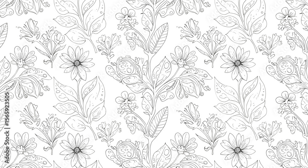 Fototapeta premium Floral doodle pattern with leaves and flowers on white background
