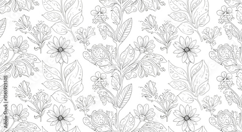 Floral doodle pattern with leaves and flowers on white background  