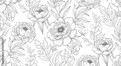 Black and white floral pattern with peonies and leaves design  