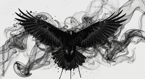 mysterious raven glides through a smoky ink atmosphere, evoking freedom, mystery, and poetic symbolism through dark brush motion