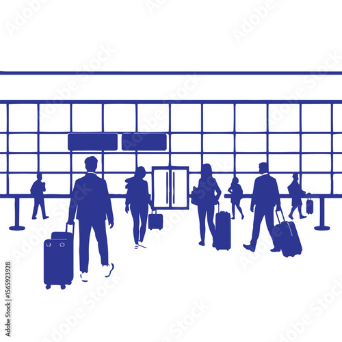 Flat design airport terminal with travelers and luggage concept vector illustration.